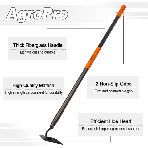 AgroPro hoe handle close-up highlights fiberglass construction for durability and a secure grip.