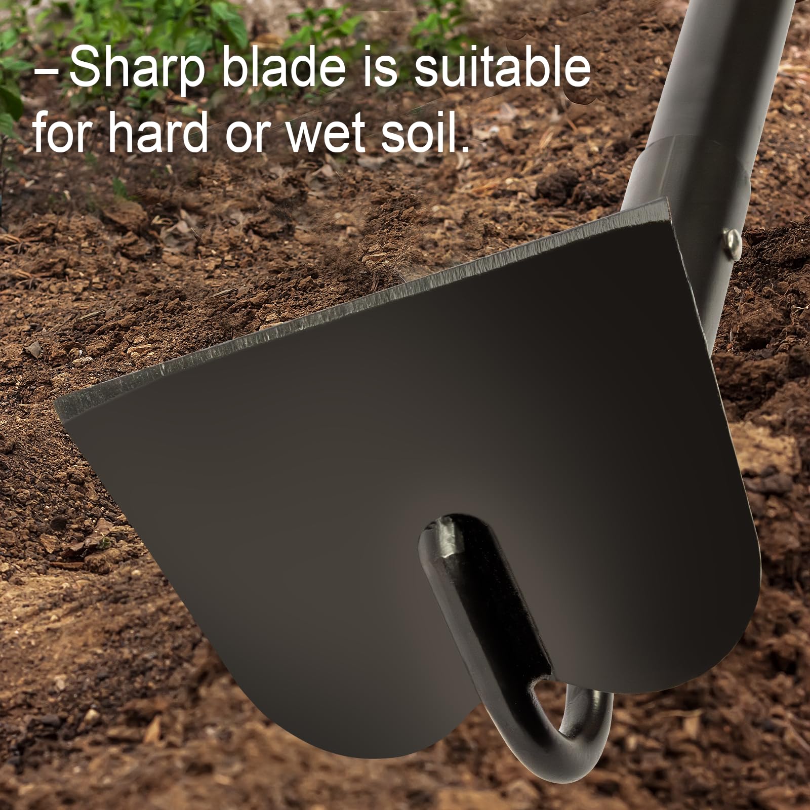 AgroPro hoe in garden bed demonstrates wide blade covering more ground while weeding.