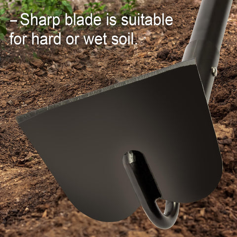 AgroPro hoe in garden bed demonstrates wide blade covering more ground while weeding.