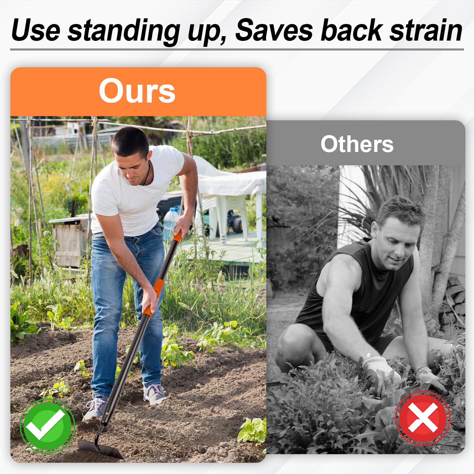 AgroPro hoe length 58in emphasizes back friendly design for reduced bending.