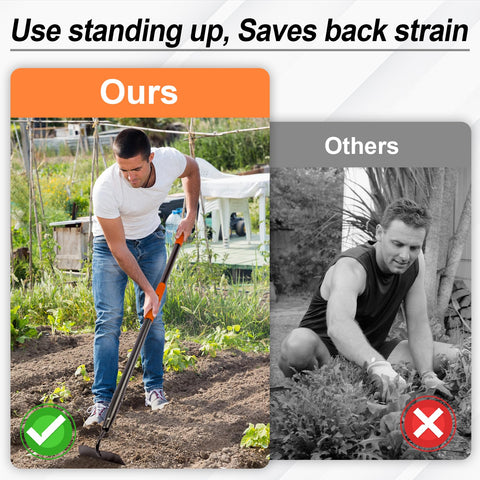 AgroPro hoe length 58in emphasizes back friendly design for reduced bending.
