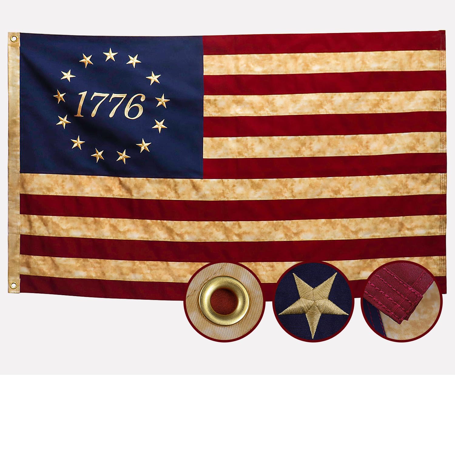 AGUIFLGS Betsy Ross flag tea-stained texture for outdoor display with lasting color.