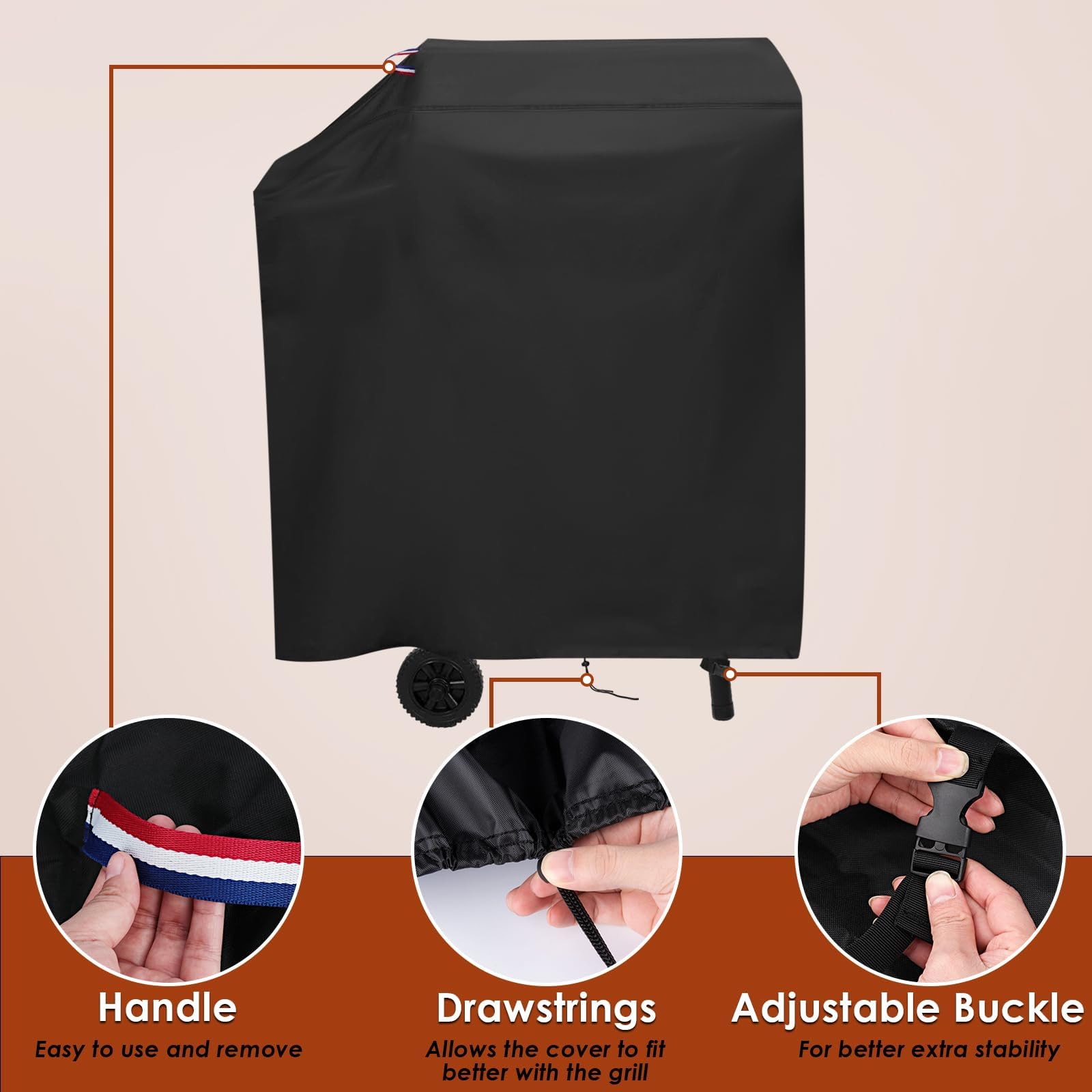 Agustone grill cover with water-resistant PVC coating protects against rain.