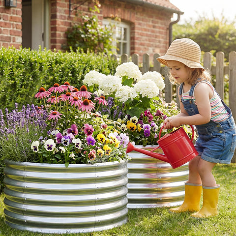 AHEONLAR open-base round galvanized bed promotes drainage and healthy roots.
