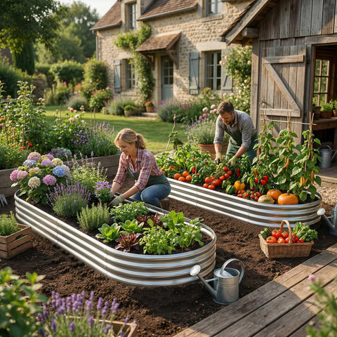 AHEONLAR galvanized planters with two central bars for stability.