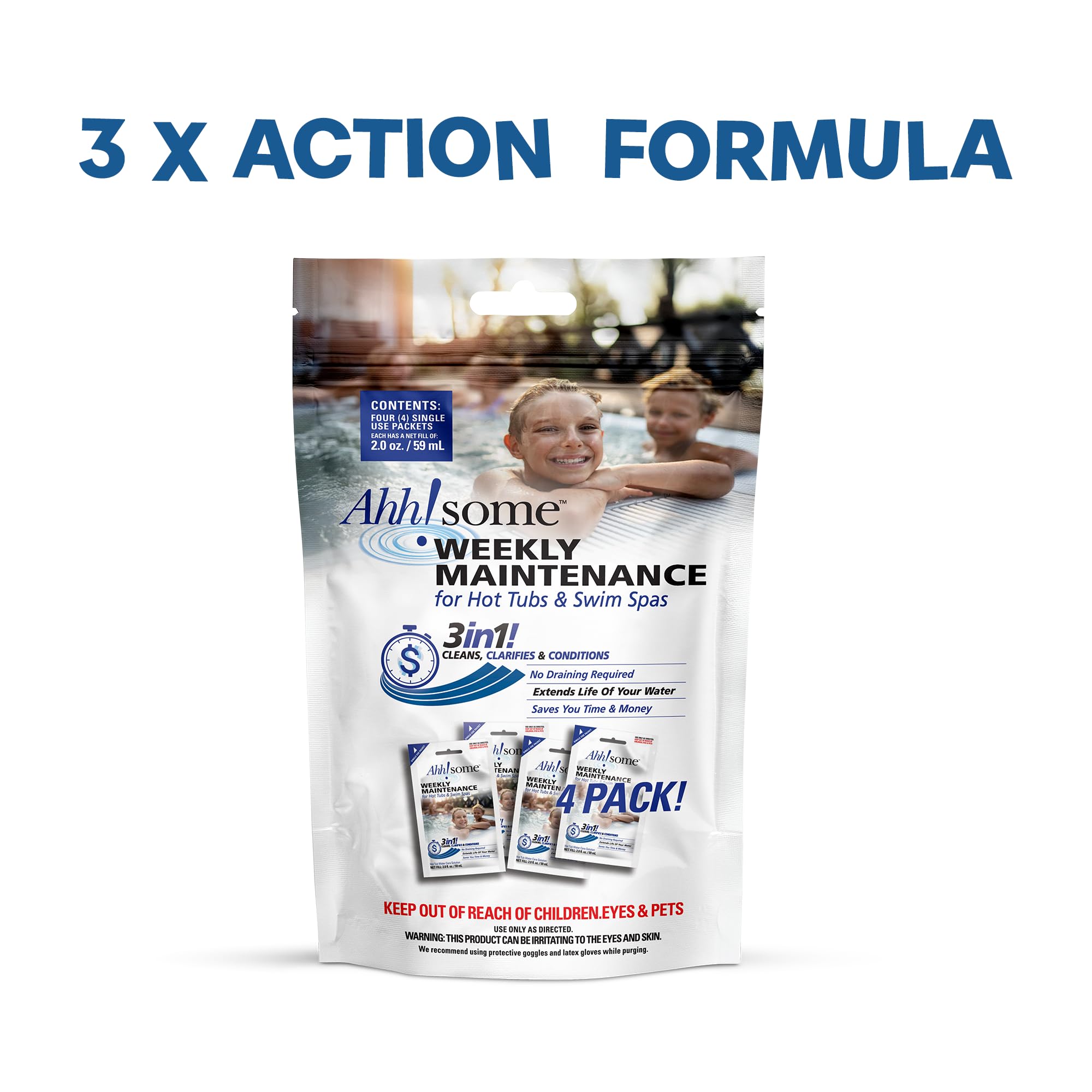 Ahh-Some 3-in-1 weekly care dissolving in spa water for simple maintenance.