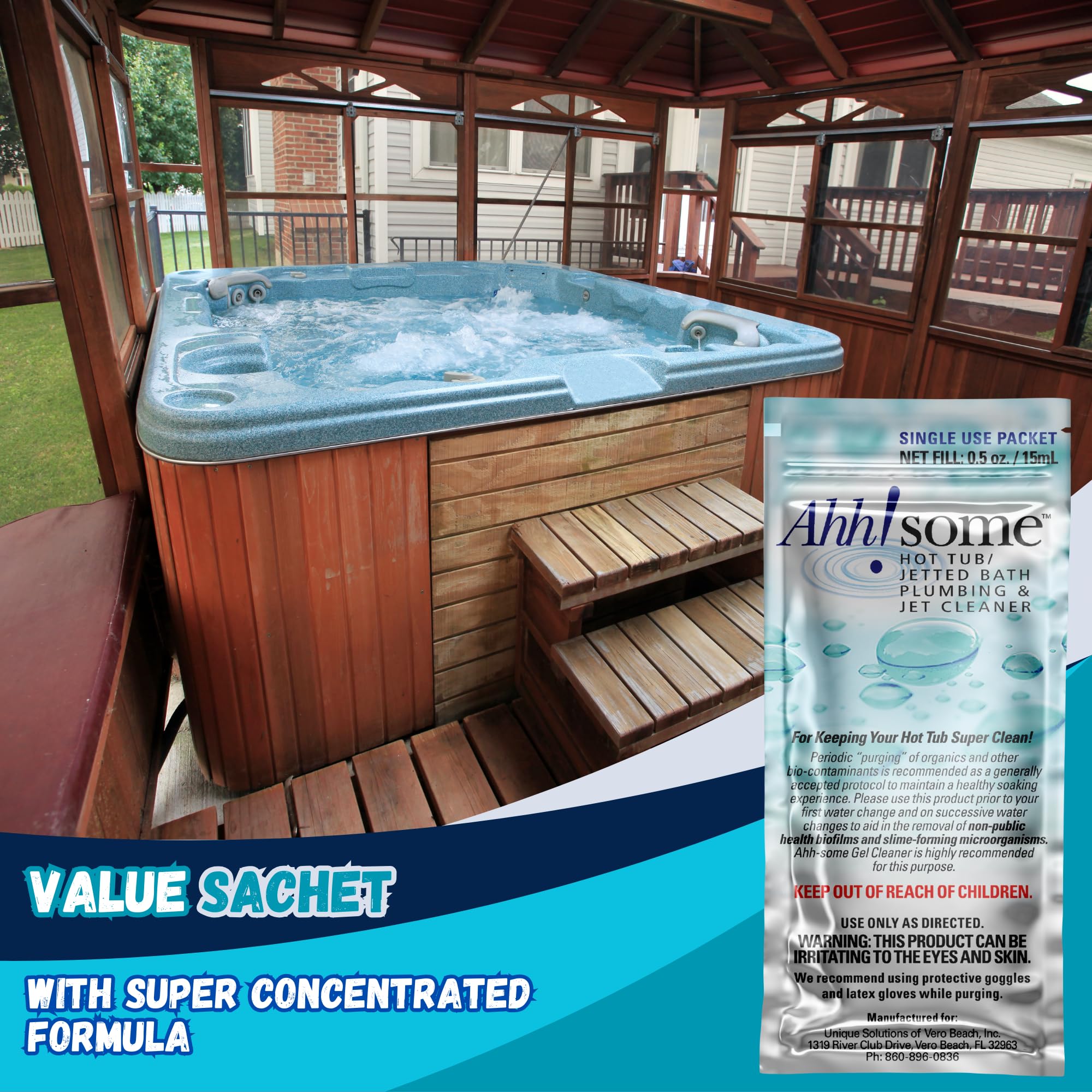 Ahh-Some Swim Spa cleaner pack showing compact packets for up to 450 gallons