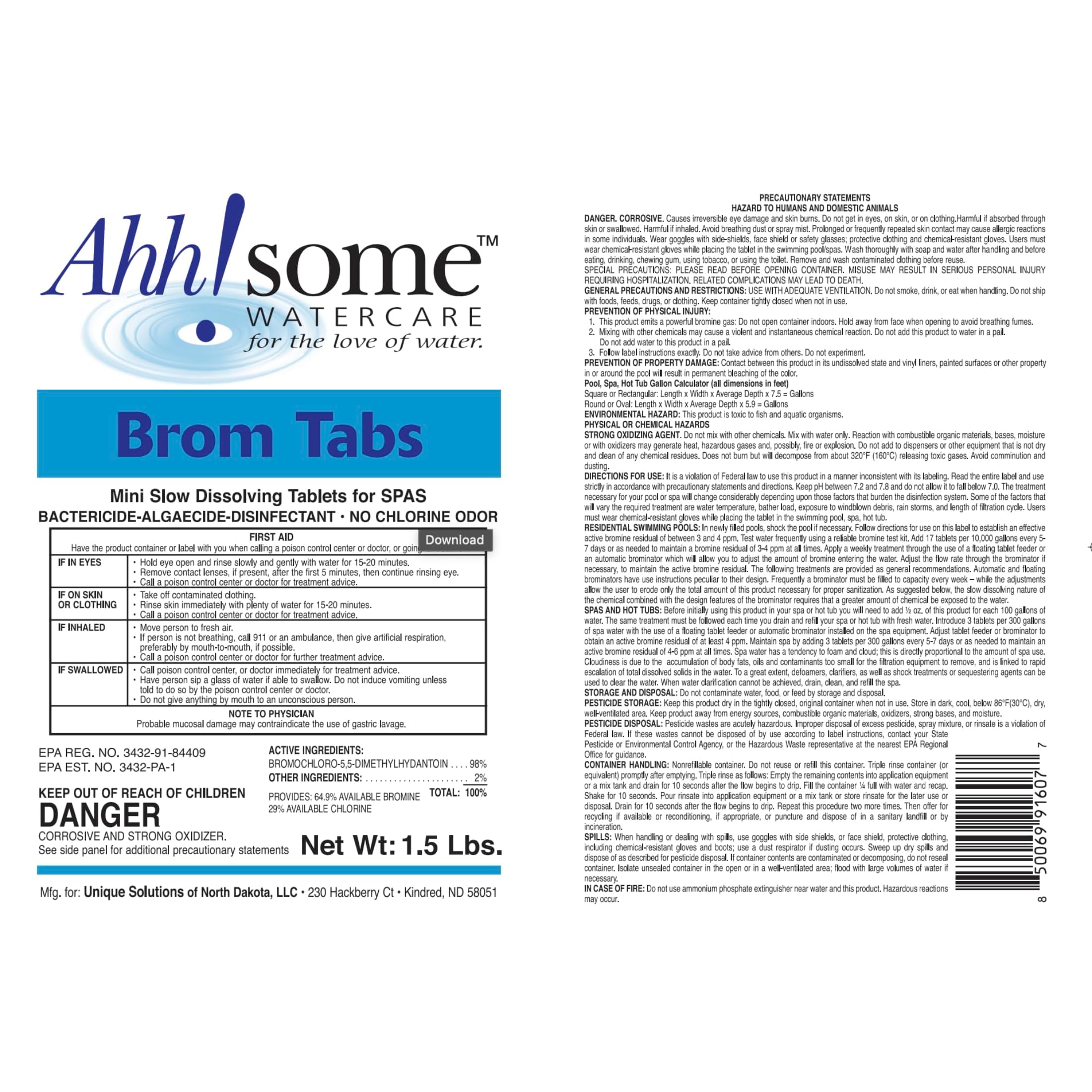 Close-up of AhhSome bromine tablets highlighting fast-dissolving formula.