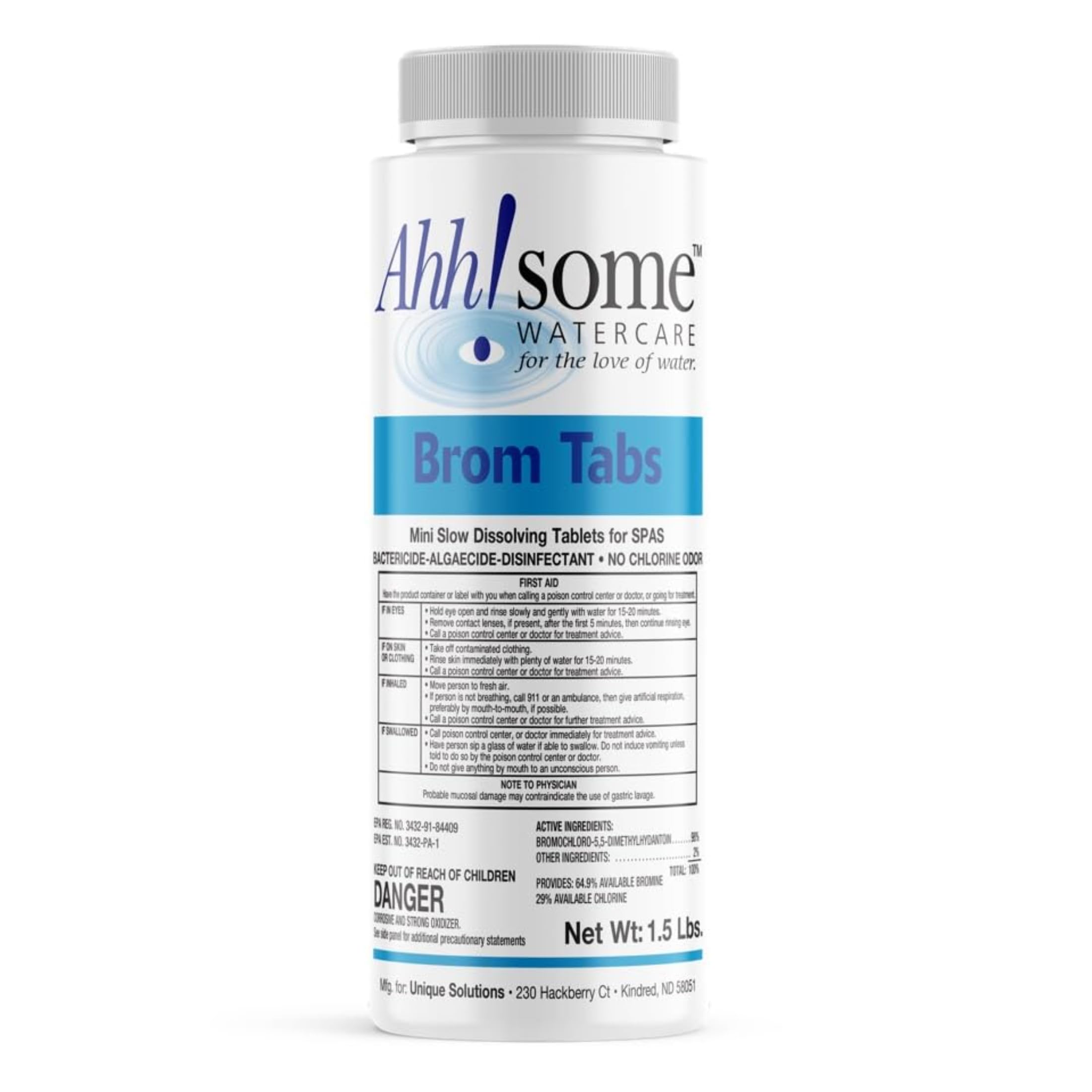 AhhSome bromine tablets packaging in a 1.5 lb container for spa care.