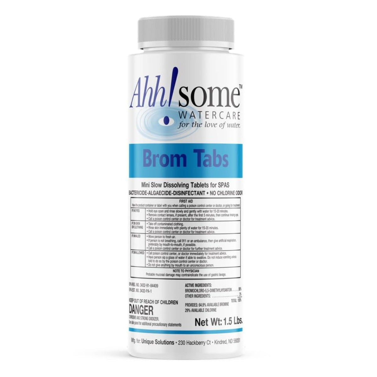 AhhSome bromine tablets packaging in a 1.5 lb container for spa care.