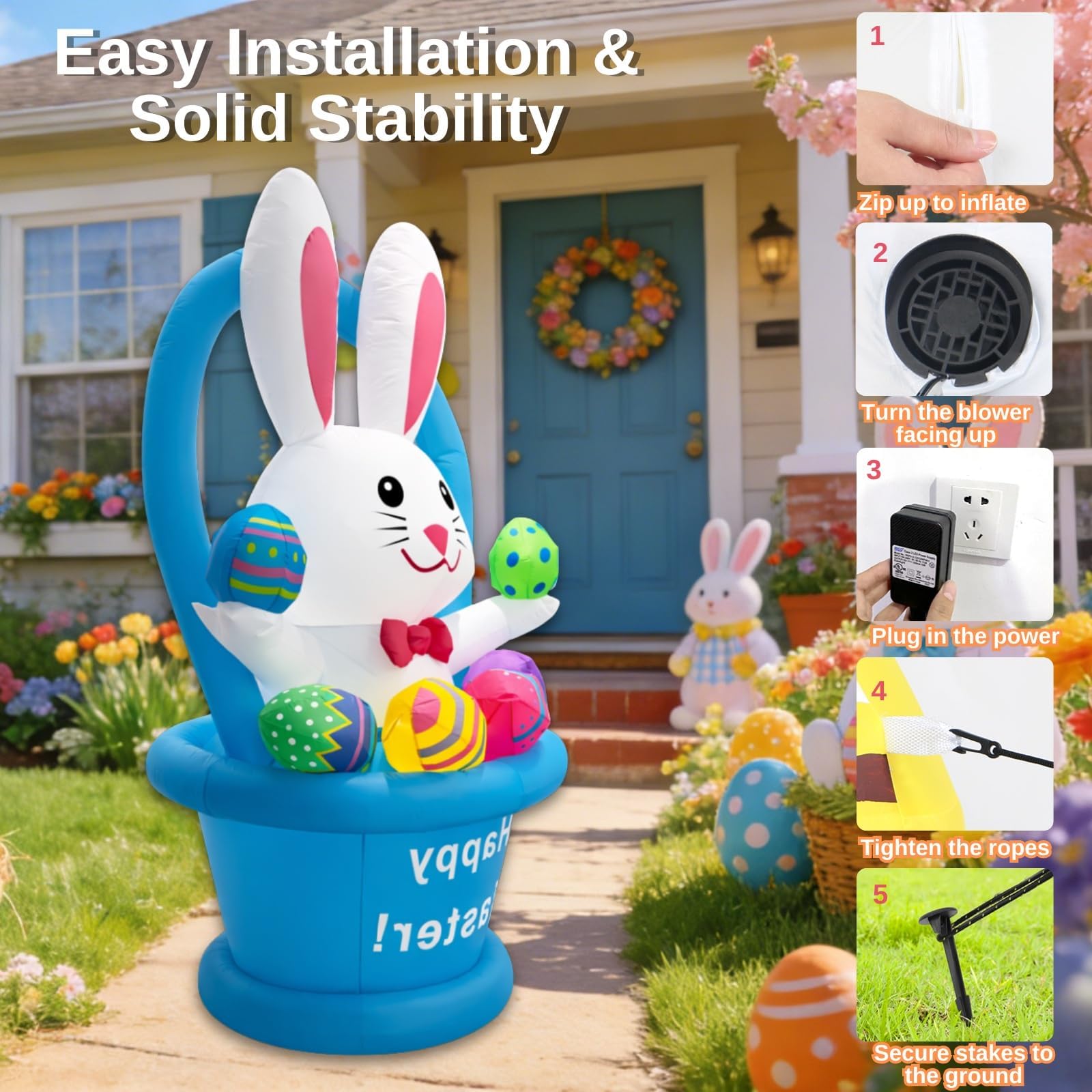 Ahititi Easter bunny with sandbags and tethers stays secure on lawns.