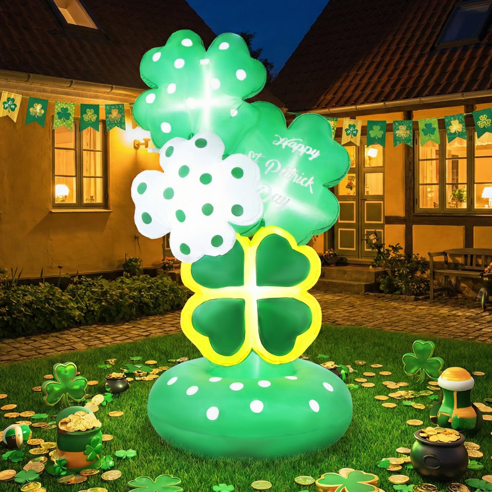 Ahititi 6ft St. Patrick's Day inflatable shamrock glows for outdoor yard celebrations.