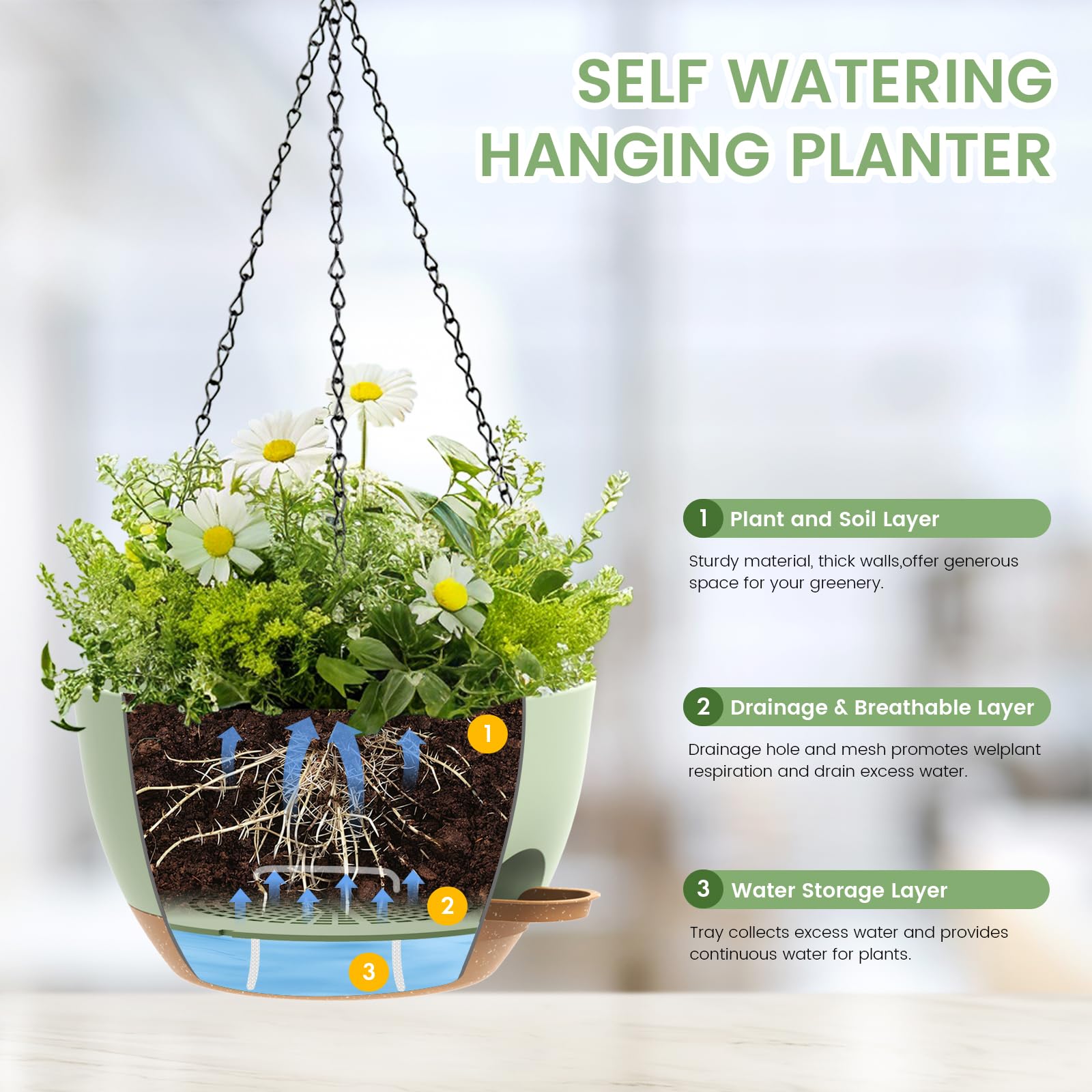 AHJZO self-watering planter with water level indicator helps monitor moisture.