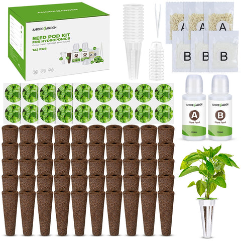 Ahopegarden 132pcs hydroponic pods kit shown for AeroGarden compatibility and indoor garden versatility.