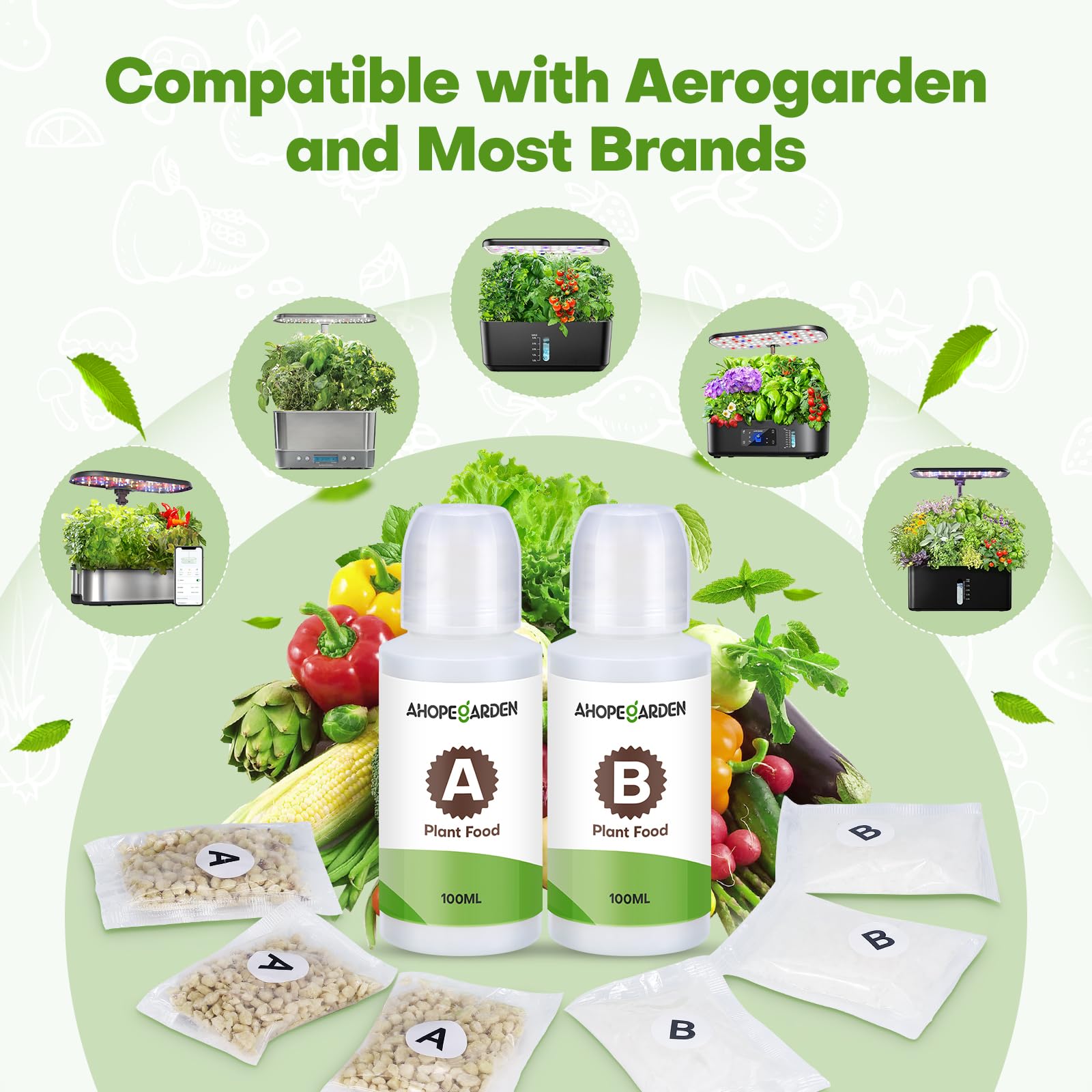 Ahopegarden AB nutrient bottles ready for AeroGarden compatible feeding.