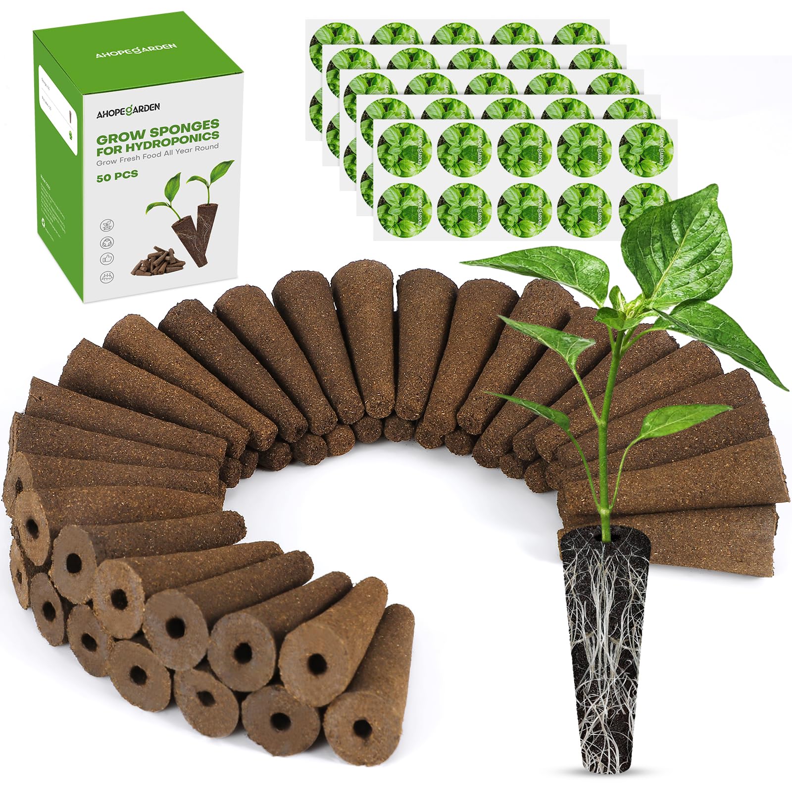 Ahopegarden hydroponic pods kit with 50 sponges improves seed germination and setup simplicity.