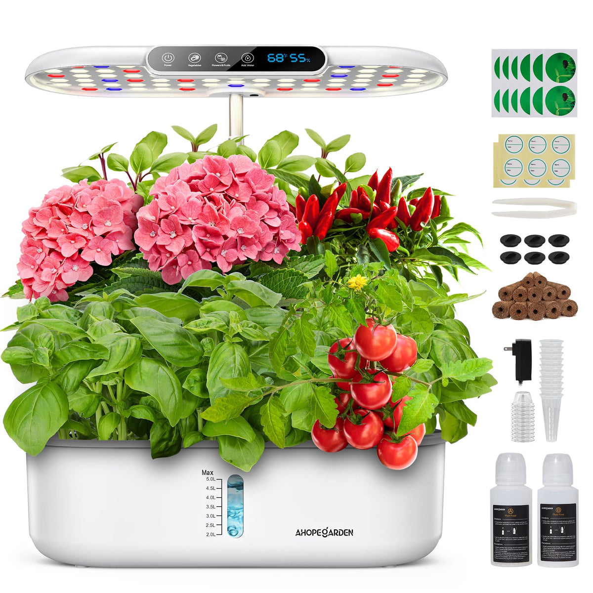 Ahopegarden Hydroponics Kit front view showing a 12-pod system for fresh herbs.