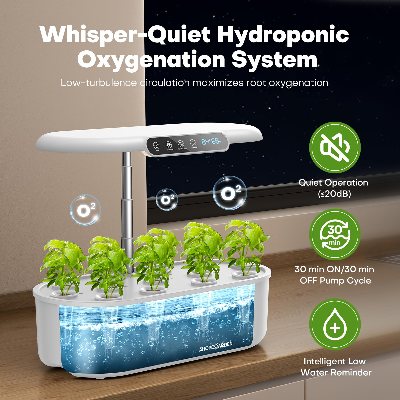 Ahopegarden Hydroponics Kit 5L water tank clearly displayed for easy refills.