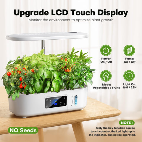 Ahopegarden indoor herb garden setup with 12 pods growing lettuce and basil.