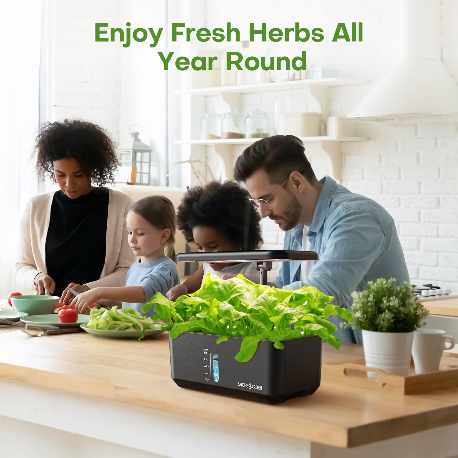 Ahopegarden kitchen countertop setup ready to grow fresh herbs.