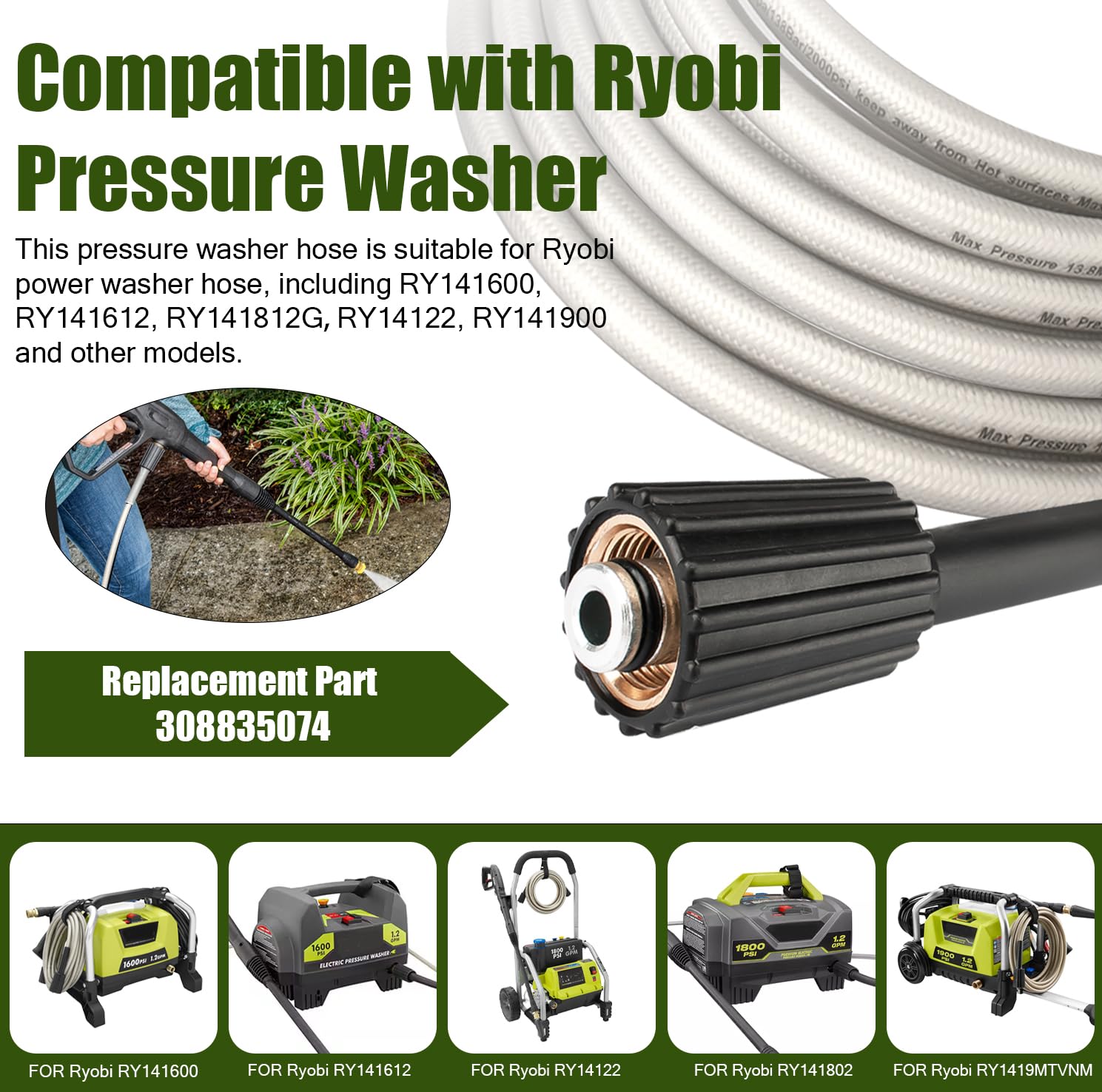 Ahuliao Ryobi 20ft hose length extends reach for thorough outdoor cleaning.