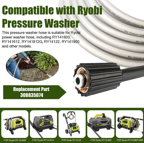 Ahuliao Ryobi 20ft hose length extends reach for thorough outdoor cleaning.