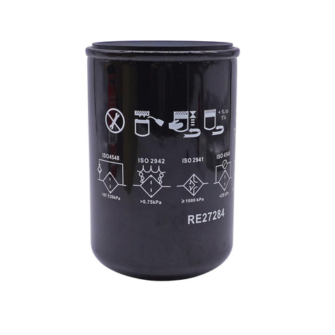 AIB2C RE27284 hydraulic filter side view highlights compact fit for Deere hydraulics.