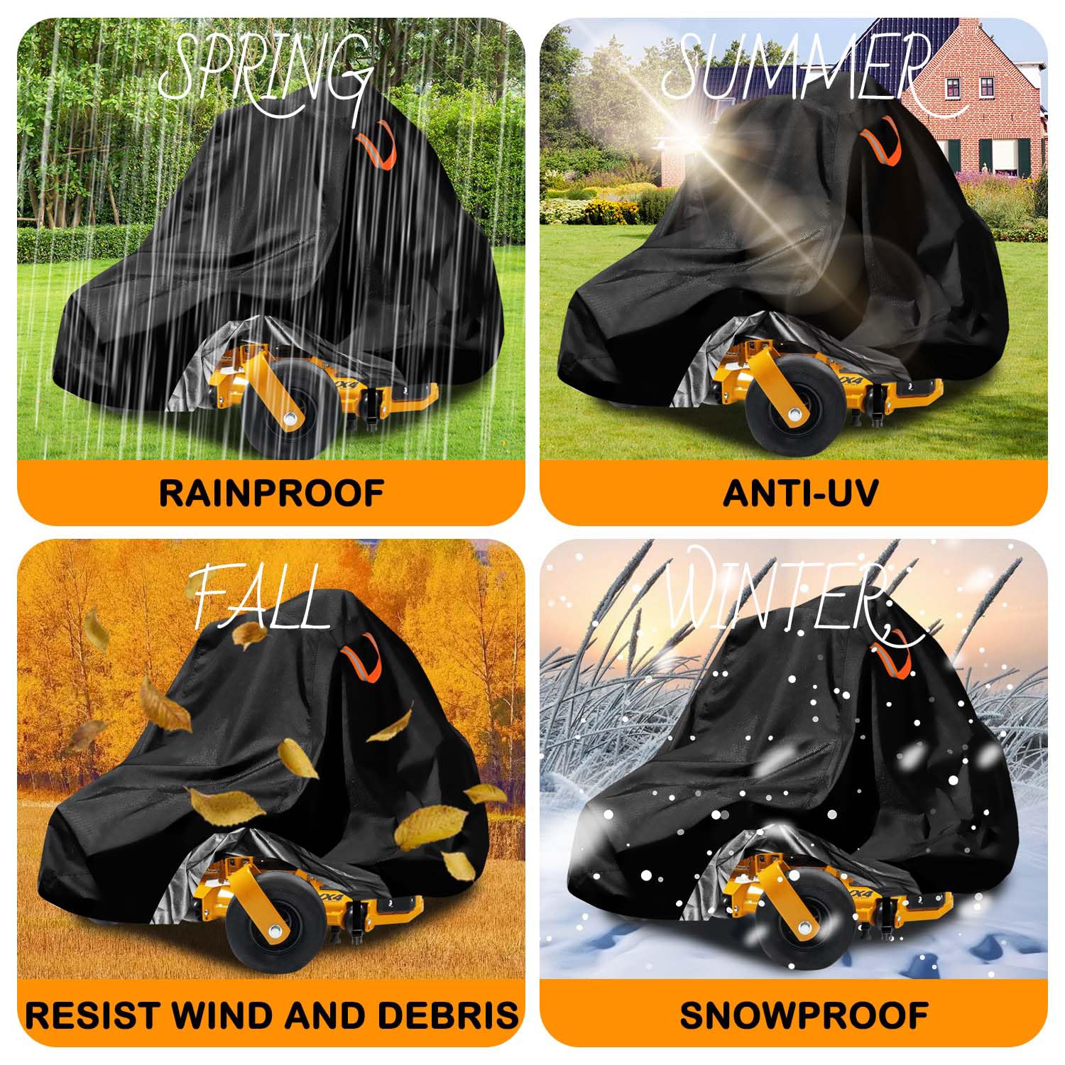 Aibiley cover shows windproof hem keeping mower secure during strong gusts.