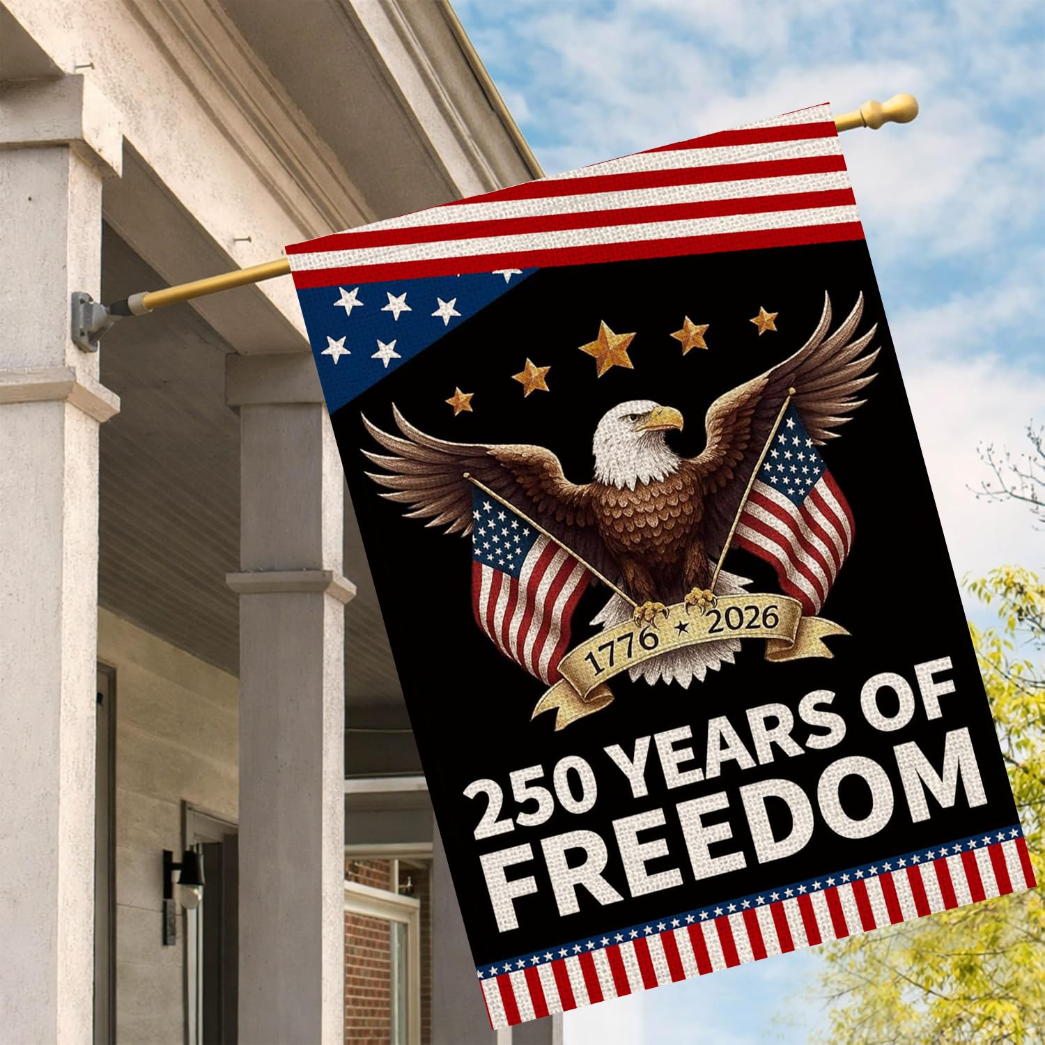 AIBOLYNE 250th anniversary flag, eagle back view, visible from both sides.