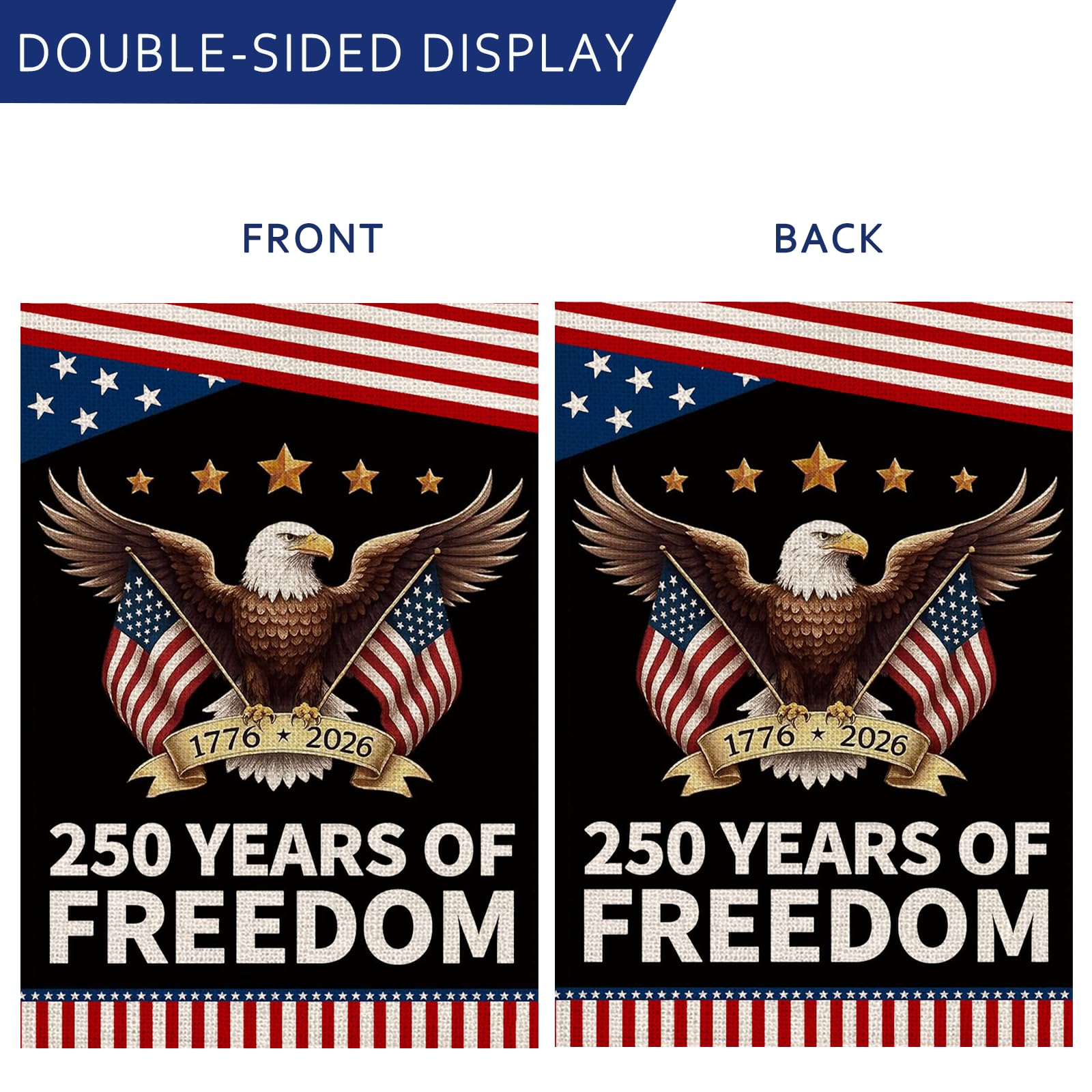 AIBOLYNE 250th anniversary flag, stars and stripes close-up with burlap texture.