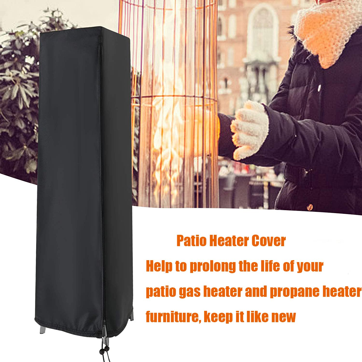 Aidetech full-coverage design shields propane heater from elements.