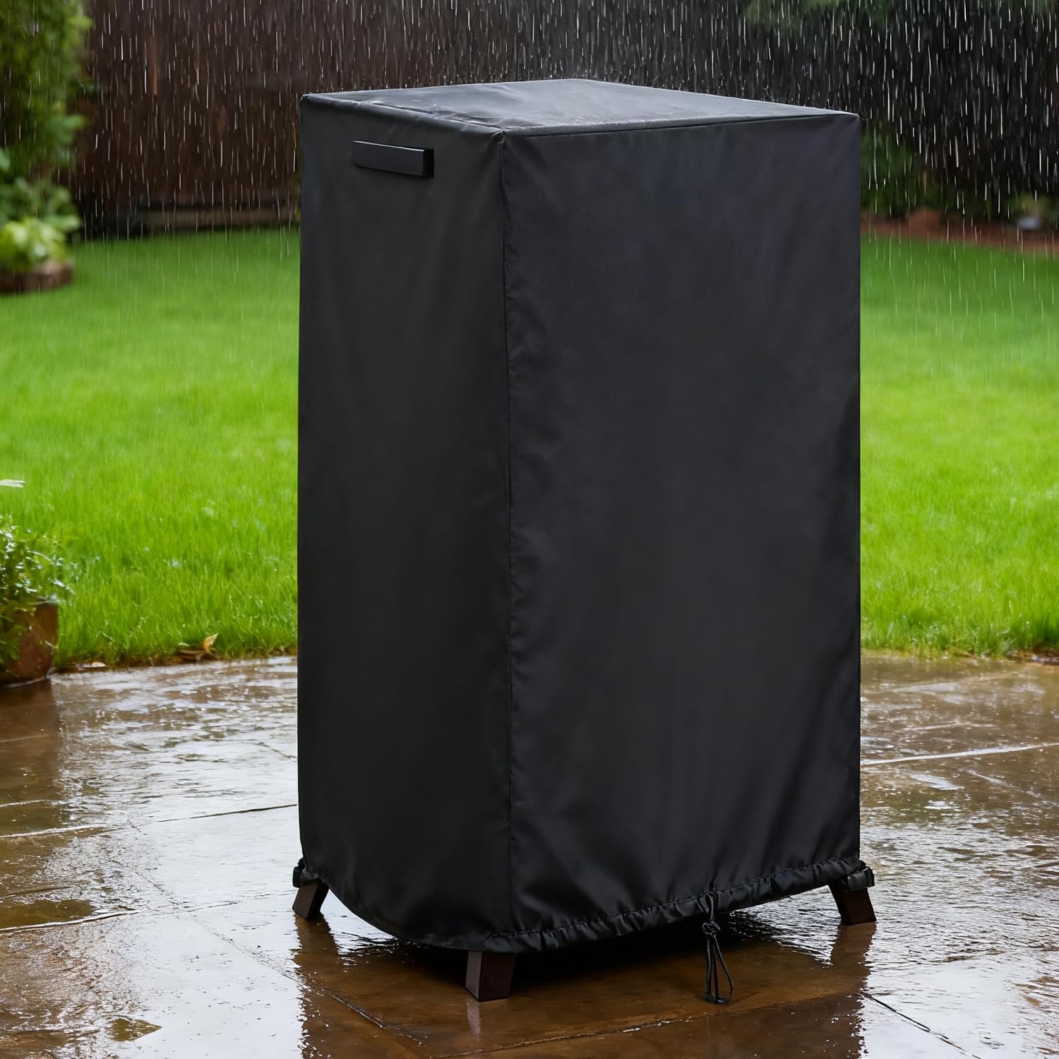 Aidetech waterproof Oxford fabric protects vertical smoker in heavy rain