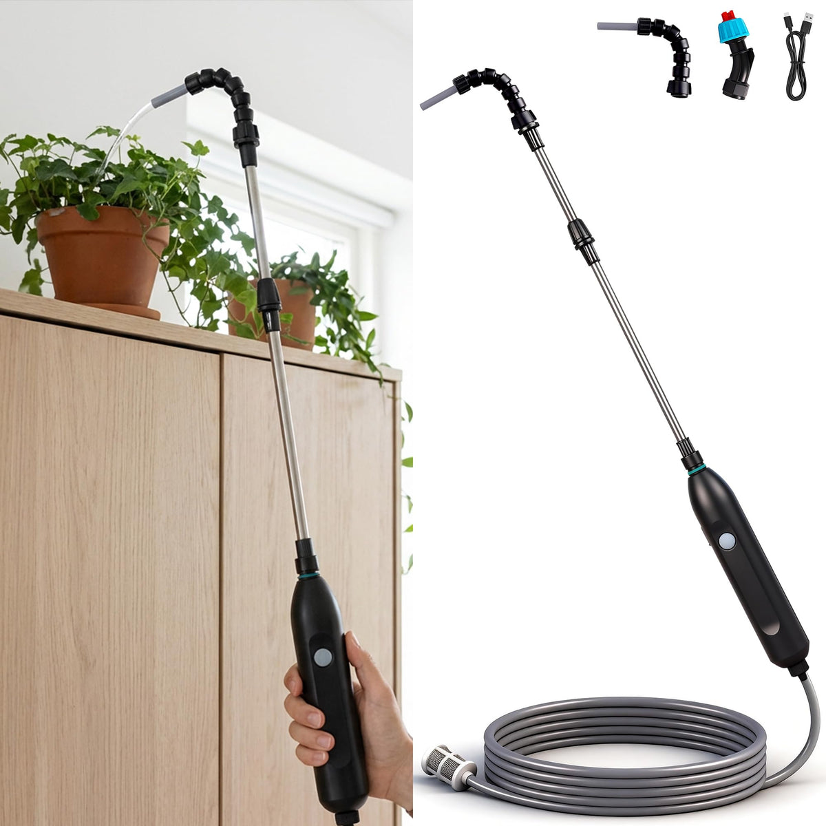 Aidoclip rechargeable waterer with extended telescopic wand waters hanging baskets easily