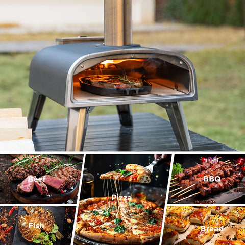 Aidpiza multi-function oven cooks pizza, steaks, wings, and vegetables.