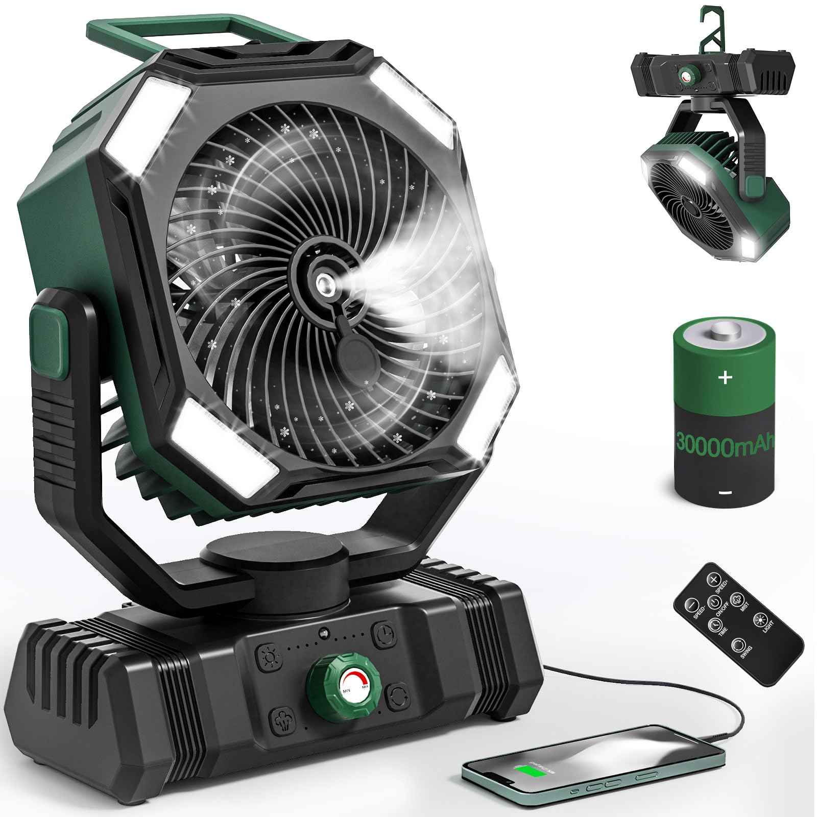AIEPOCH camping fan showing a 30000mAh battery and portable design for outdoor use
