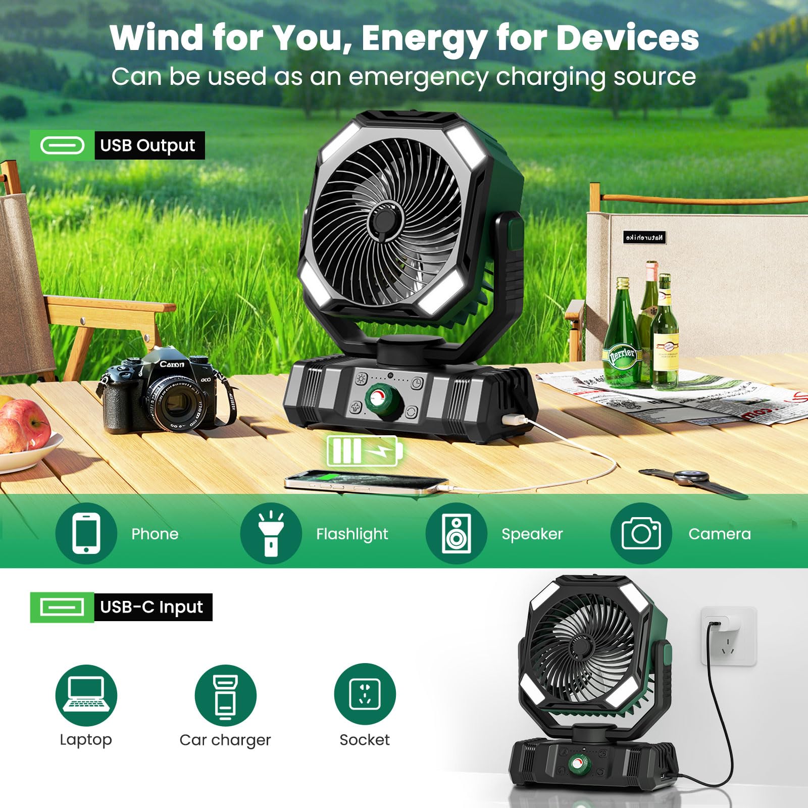 AIEPOCH camping fan with built-in lantern for tent illumination