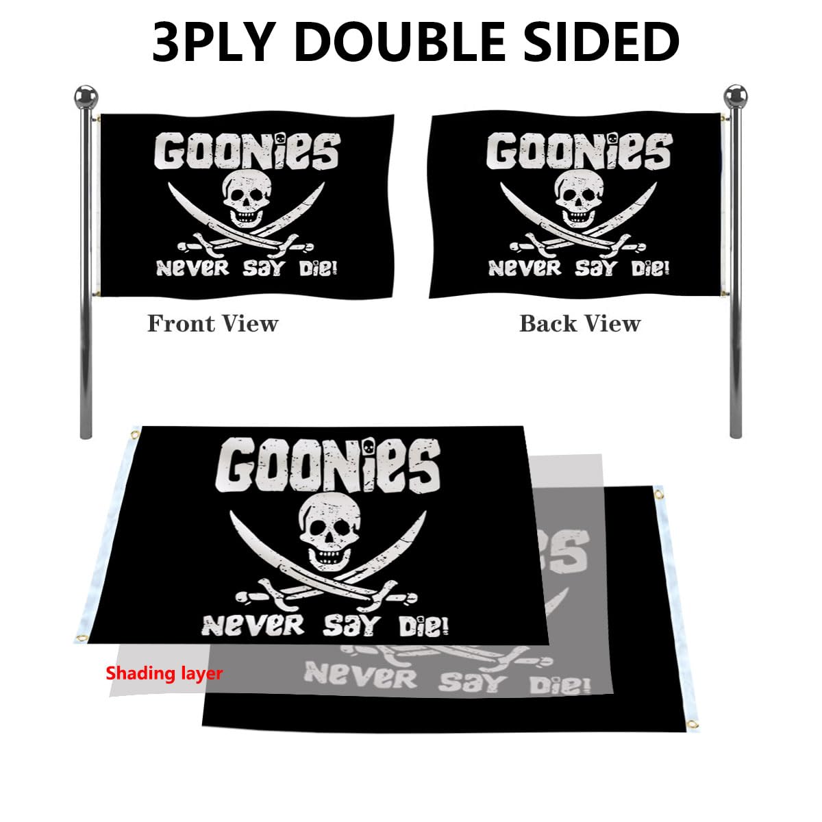 Aieted Never Say Die flag back view demonstrates double-sided readability on banner.