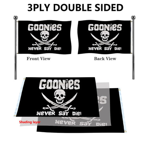 Aieted Never Say Die flag back view demonstrates double-sided readability on banner.
