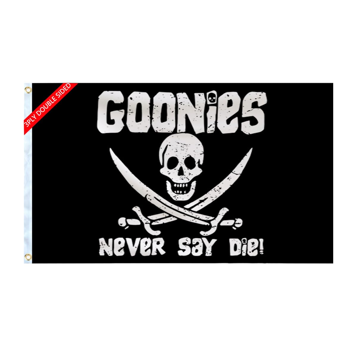 Aieted Never Say Die flag front view shows bold pirate artwork for outdoor use.
