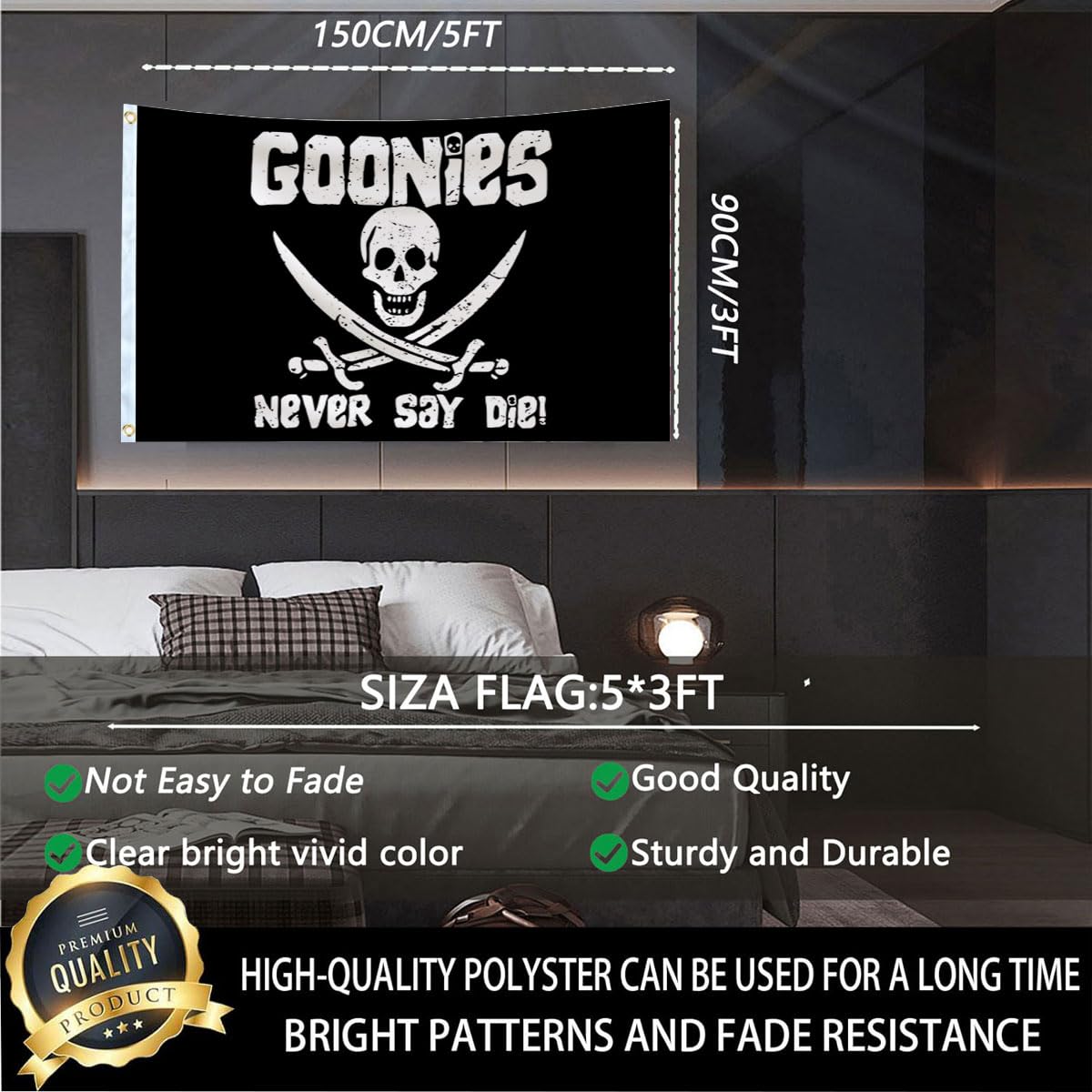 Aieted Never Say Die flag with brass grommets for secure hanging.