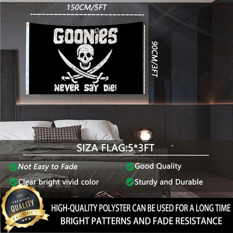 Aieted Never Say Die flag with brass grommets for secure hanging.