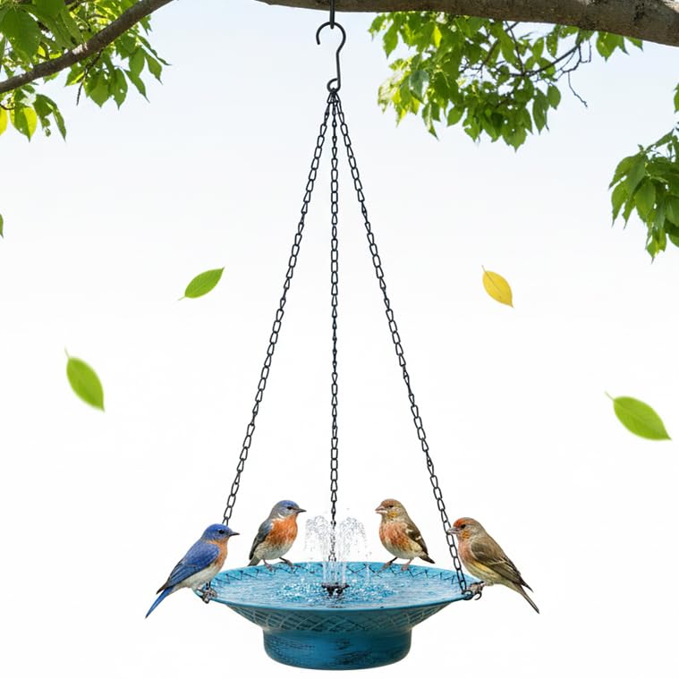 Aifeorzo hanging bird bath 12-6 inch blue with solar fountain attracts hummingbirds