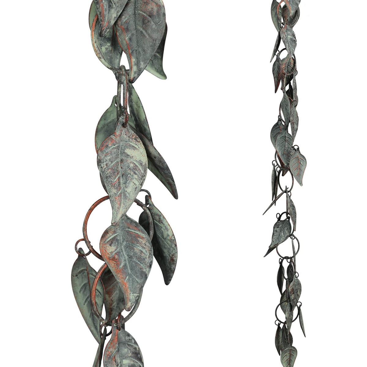 Aifeorzo rain chain with verdigris leaves decorates exterior.