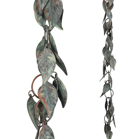 Aifeorzo rain chain with verdigris leaves decorates exterior.