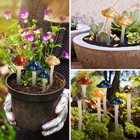 AIGEL ceramic mushroom inserted in soil among plants