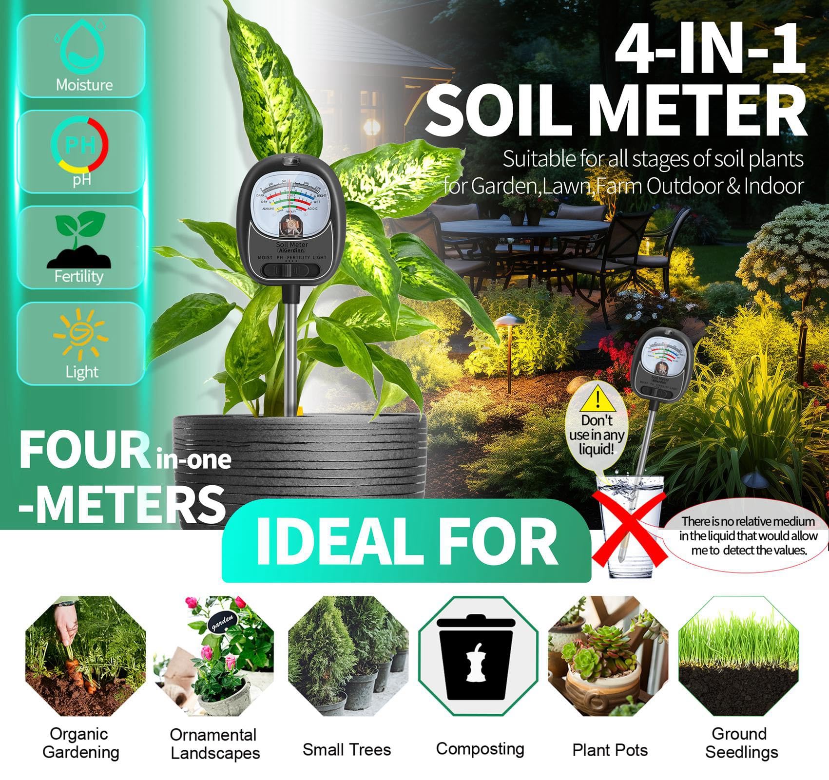 AiGerdinn 4-in-1 soil meter checks moisture, pH, nutrients, and sunlight.