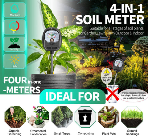 AiGerdinn 4-in-1 soil meter checks moisture, pH, nutrients, and sunlight.