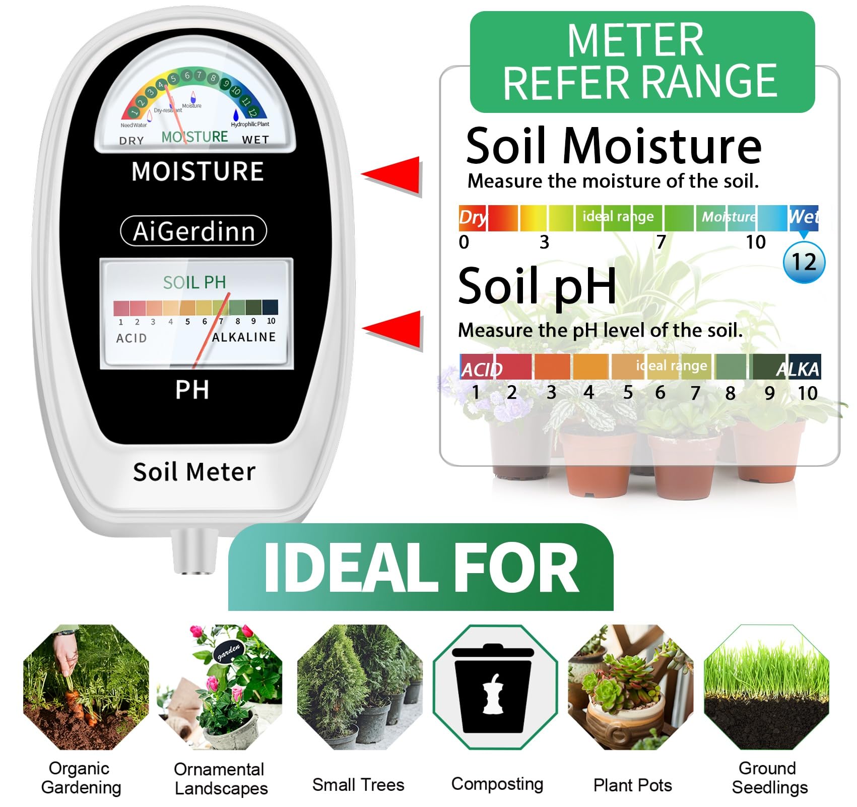 AiGerdinn dual-dial display shows pH and moisture simultaneously for beginners.