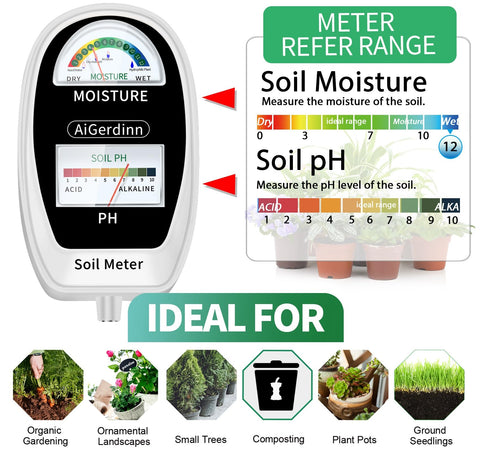 AiGerdinn dual-dial display shows pH and moisture simultaneously for beginners.