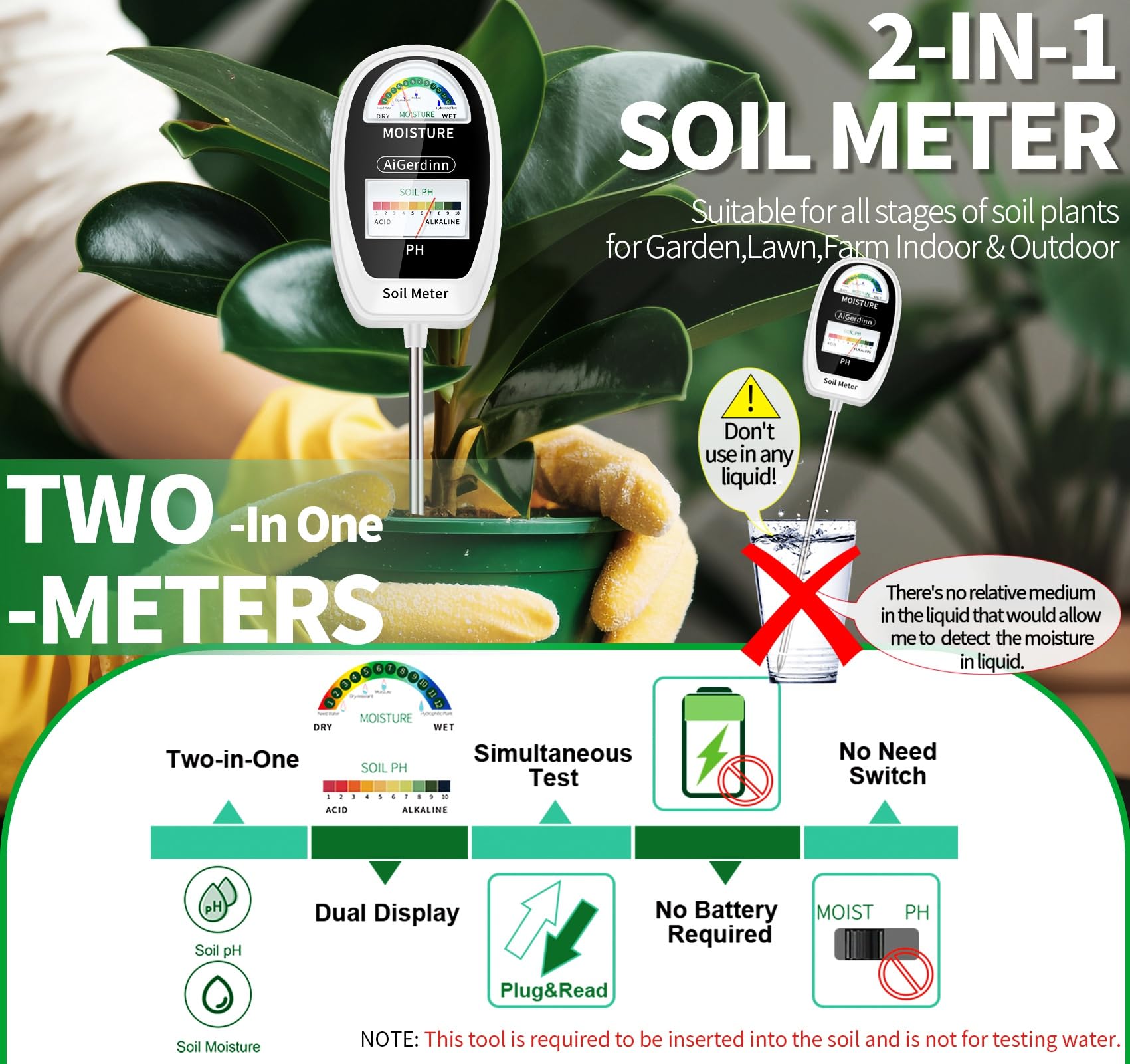 AiGerdinn sensor probe in soil reveals accurate moisture levels at a glance.